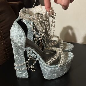 Sugar thrill pearl shoes. Baby blue velvet. Heart, crosses, pearl charms.